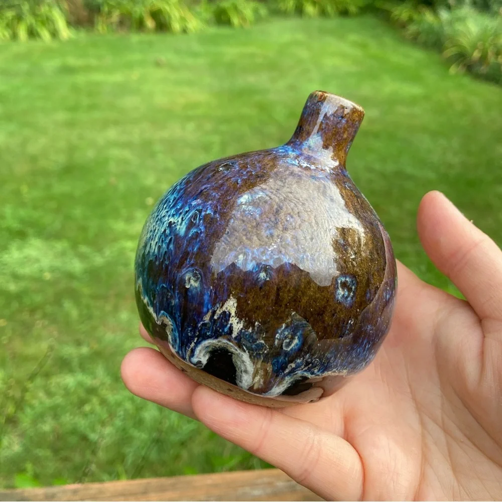 Vintage Brown and Blue Glazed Round Bud Vase - Picture 9 of 13